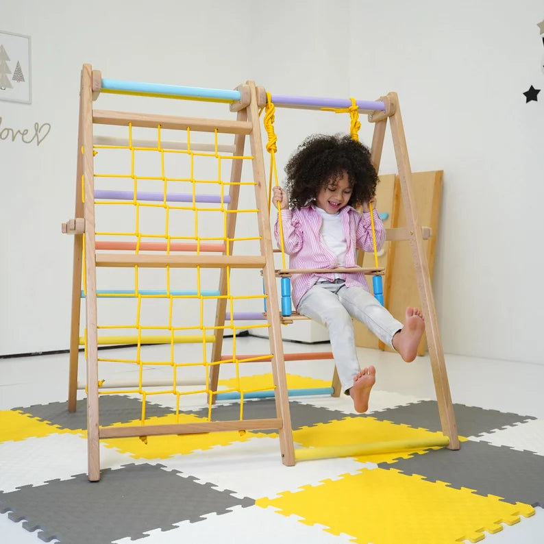 Foldable Solid Hardwood Climbing Triangle: Montessori Inspired Toddler Gym with Slide, Swing and Climbing Wall