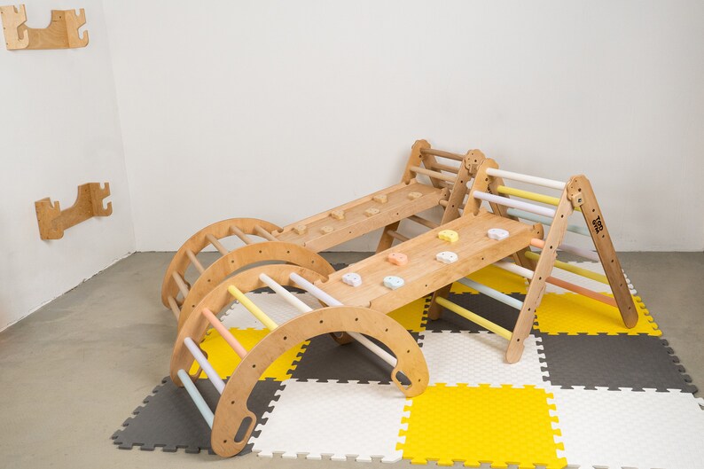 Montessori Climbing Triangle Set: Beech Wood Arch, Ramp, Slide