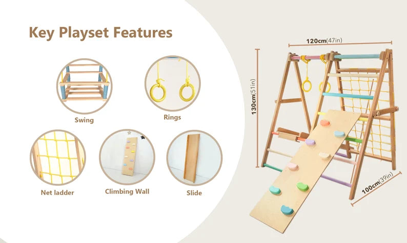 Foldable Solid Hardwood Climbing Triangle: Montessori Inspired Toddler Gym with Slide, Swing and Climbing Wall