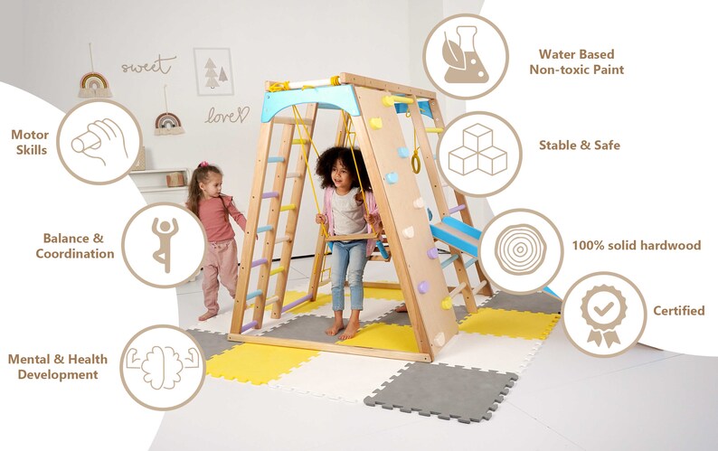 Montessori Climbing Wall: Wooden Indoor Play Gym with Slide, Rings, Swing, Monkey Bars and Net Ladder for Kids