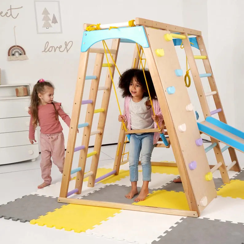 Montessori Climbing Wall: Wooden Indoor Play Gym with Slide, Rings, Swing, Monkey Bars and Net Ladder for Kids