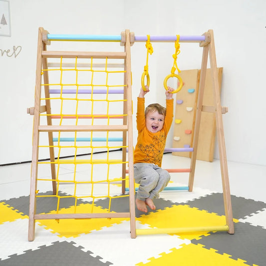 Foldable Solid Hardwood Climbing Triangle: Montessori Inspired Toddler Gym with Slide, Swing and Climbing Wall